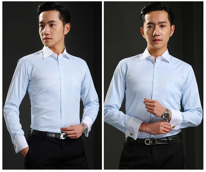 Camisa clásica de vestir para hombre con puños franceses, corte estándar, manga larga, para bodas, fiestas, oficina, trabajo, color blanco