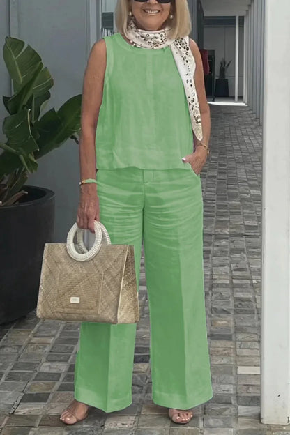 Plus-size women's casual fashion solid color sleeveless loose cotton linen suit plus-size women's clothing