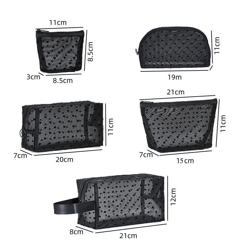 Heart-Shaped Nylon Mesh Cosmetic Bag Portable Toiletry Organizer for Women Makeup Storage