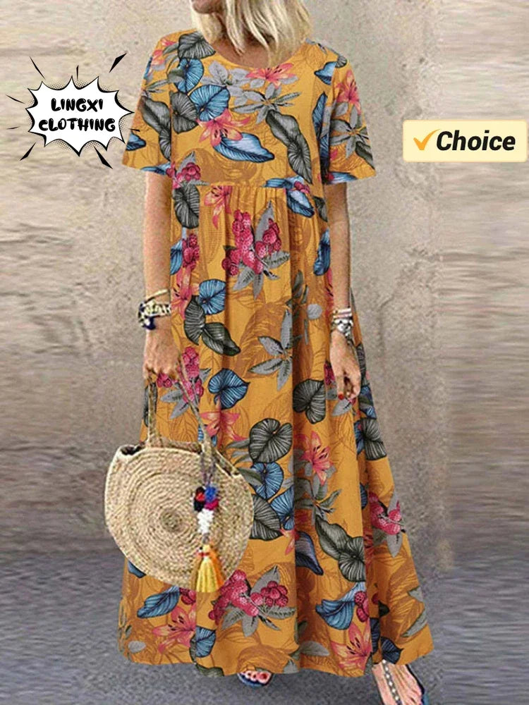 Vestido de festa elegante 2024 feminino elegante plus size saia solta em torno do pescoço manga curta retro impressão casual vestido longo feminino