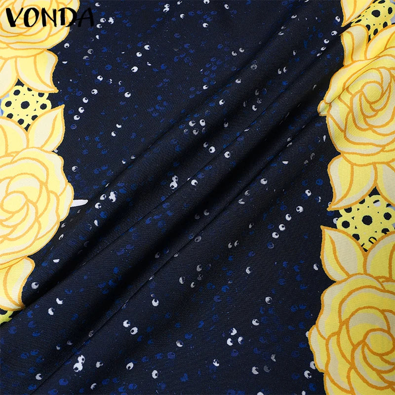 Plus Size VONDA Bohemian Women Flared Long Sleeve Maxi Dress Casual Vestidos Round Neck Loose Print Sundress Ruffles Long Robes