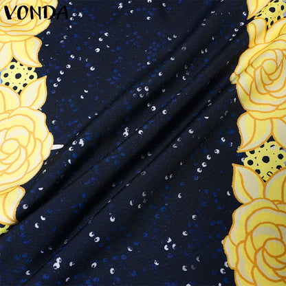 Plus Size VONDA Bohemian Women Flared Long Sleeve Maxi Dress Casual Vestidos Round Neck Loose Print Sundress Ruffles Long Robes