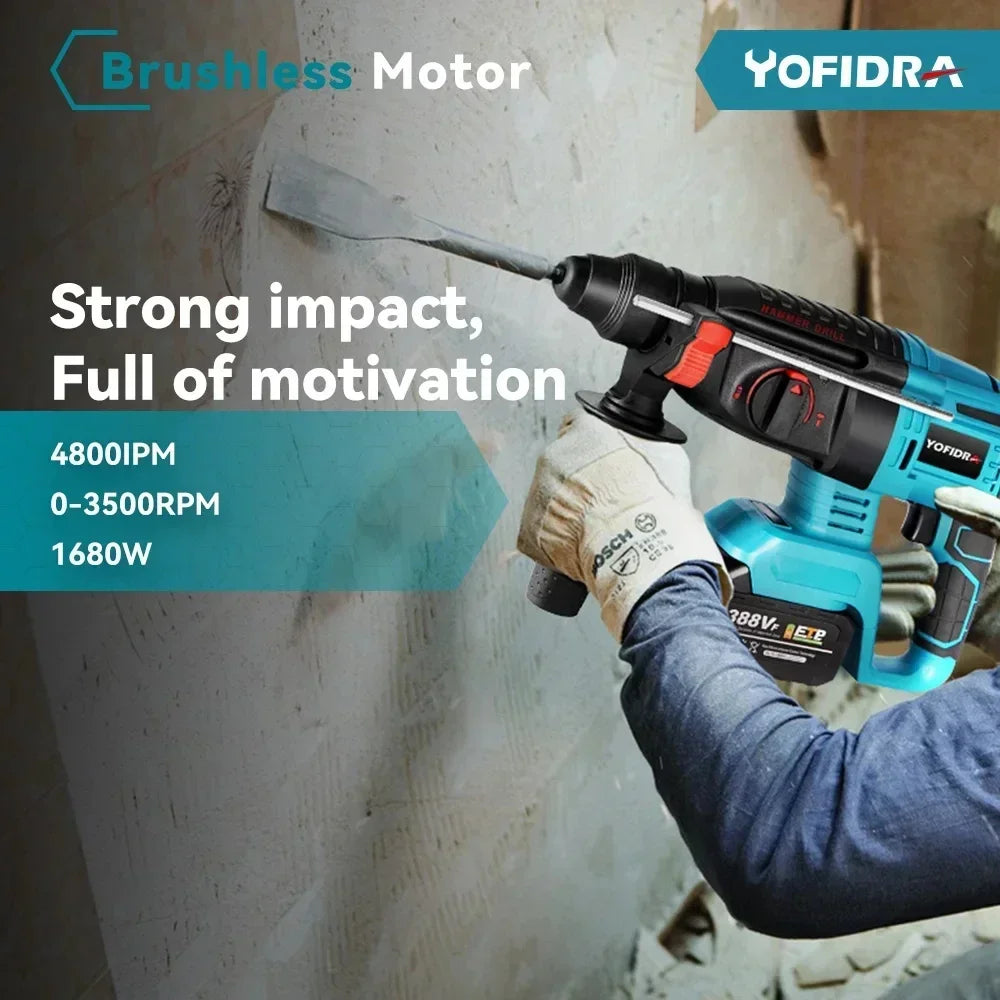 Yofidra 26mm Cylinder Brushless Motor Electric Hammer Drill with Drill Bits for Makita 18V Battery Cordless Impact Rotary Drill