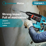 Yofidra 26mm Cylinder Brushless Motor Electric Hammer Drill with Drill Bits for Makita 18V Battery Cordless Impact Rotary Drill