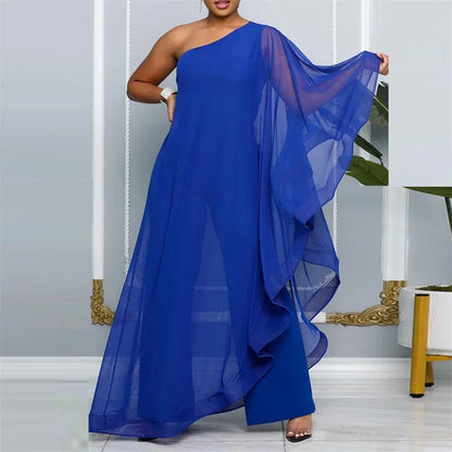 Elegant Chiffon One Shoulder Wide Leg Jumpsuit Women Club Party Birthday Outfits One Pieces Rompers Overalls Combinaison Femme