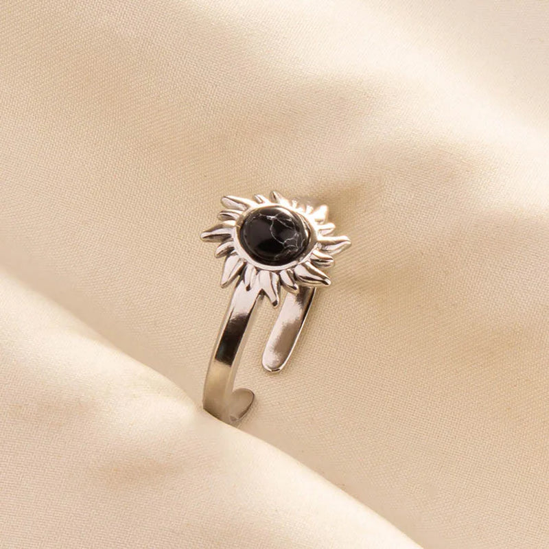 1pc Boho Turquoise Ring Stainless Steel Black Stone Silver Color Adjustable Ring Women Ethnic Ring Bohemian Jewelry Gift No Fade