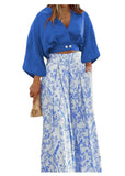 V-neck Long Sleeve Shirt And Blouses Solid Crop Top Straight Print Wide Leg Long Pant Suits 2-pieces Casual Autumn Women Sets