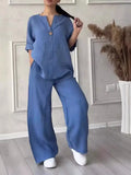 Cotton Linen Sets Two 2 Pieces Sale Casual Long Sleeve Button Loose Blouse Shirt & High Elastic Wide Leg Loose Pant Suits NMD-3021
