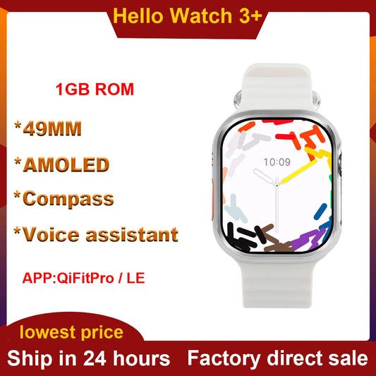 Amoled Hello Watch 3+ 1GB ROM Smart Watch  NFC Compass Bluetooth Call Local Music 49mm Heart Rate Men Women Smartwatch