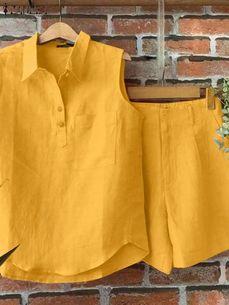 ZANZEA Fashion Sleeveless Tops Short Sets Two Piece Sets Summer Womens Outifits Beach Tracksuit Vintage Solid Cotton Pants Suits
