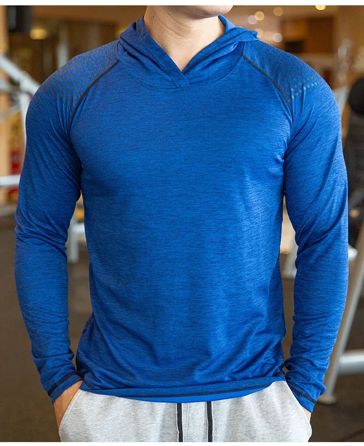 Autumn Gym Men T Shirt Casual Long Sleeve Slim Tops Tees elastic T-shirt Sports Fitness breathable Quick dry Hooded T Shirt