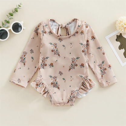 Traje de baño de verano para niñas pequeñas, estampado floral, sin espalda, con volantes, manga larga, ropa de playa para niñas de 0 a 4 años