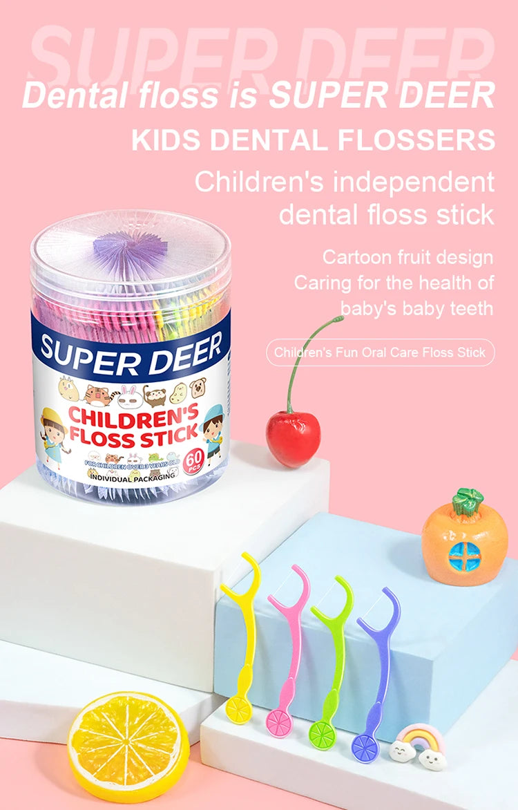 60pcs Kids Dental Floss Picks Cartoon Shape Teeth Cleaning Toothpicks Individual Pack Oral Care Dental Flosser for Children