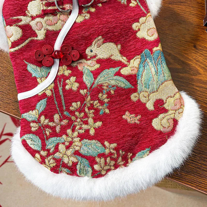 New Year Autumn Winter Double Layer Fleece Pet Clothes Chinese Style Jade Rabbit Design Warm Coat for Dogs Cats Festive Holiday