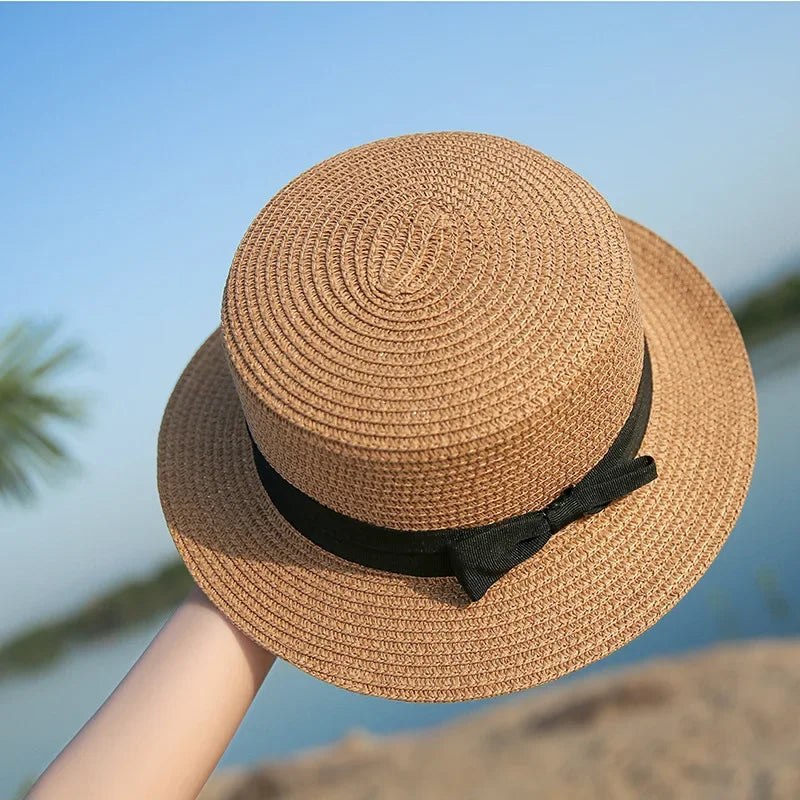 COKPanama Simple Summer Beach Sun Protection Bowknot French-Style Small Hat, Women's Casual Flat-Brimmed Straw Hat with Bow