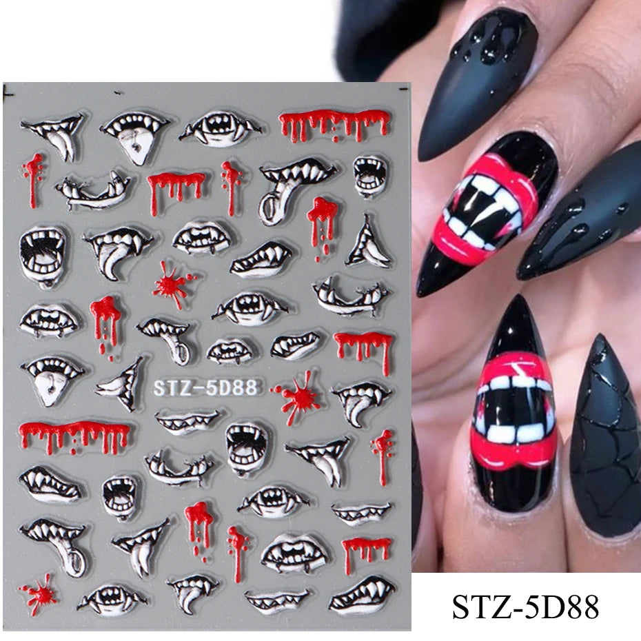 Cinturón negro 5D pegatinas en relieve gótico Halloween estilete calabaza calavera telaraña cremallera manicura uñas gel autoadhesivo decoración