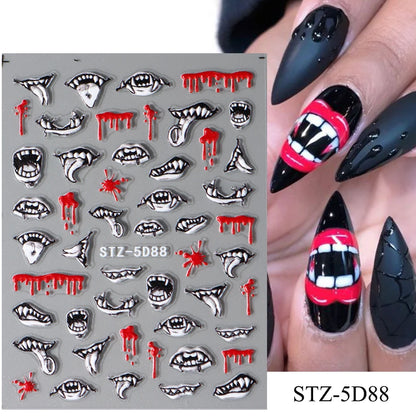 Cinturón negro 5D pegatinas en relieve gótico Halloween estilete calabaza calavera telaraña cremallera manicura uñas gel autoadhesivo decoración