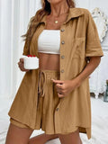 2 Pieces Women Sets Summer Solid Color Short Sleeve Open Stitch Button Blouse+Shorts Casual Women's Set Clothing