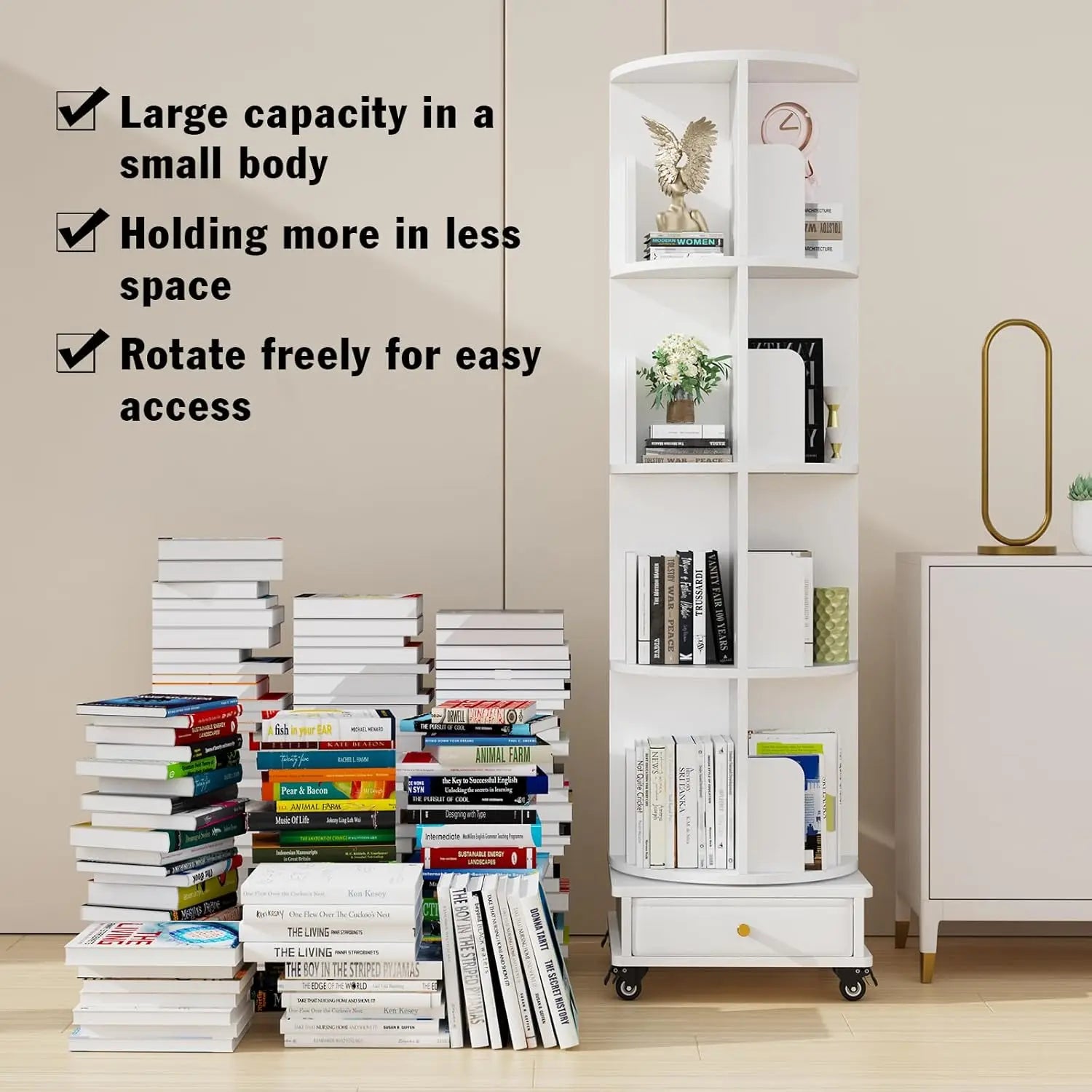 Wooden 4-layer Corner Bookshelf Can Rotating Movable Bookshelf With Single Drawer/Wheels/Storage Shelf For Study/Bedroom/Home
