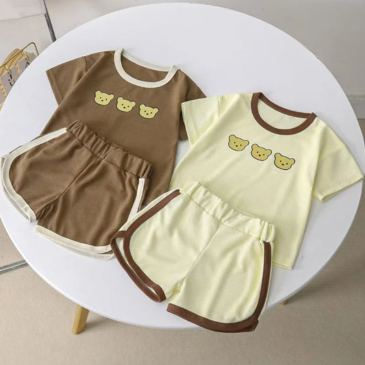 Summer Children Korean Style Clothing Set for Boys and Girls Short-sleeved Shorts Casual Sportswear Cute Bear 2Pcs