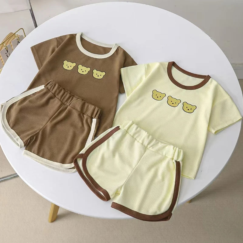 Summer Children Korean Style Clothing Set for Boys and Girls Short-sleeved Shorts Casual Sportswear Cute Bear 2Pcs