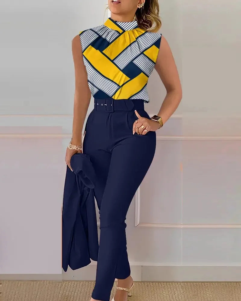 Summer Denim Blue Set Women Stand Collar Sleeveless Top  High Waist Pants Work Printing 2 Pieces Suit Sets Female Casual Outfits