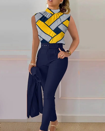 Summer Denim Blue Set Women Stand Collar Sleeveless Top  High Waist Pants Work Printing 2 Pieces Suit Sets Female Casual Outfits