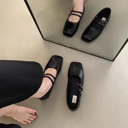 Sapato feminino de boca rasa quadrado toe, flat de fivela de uma palavra, sapato Mary Jane diário, moda primavera, 2024