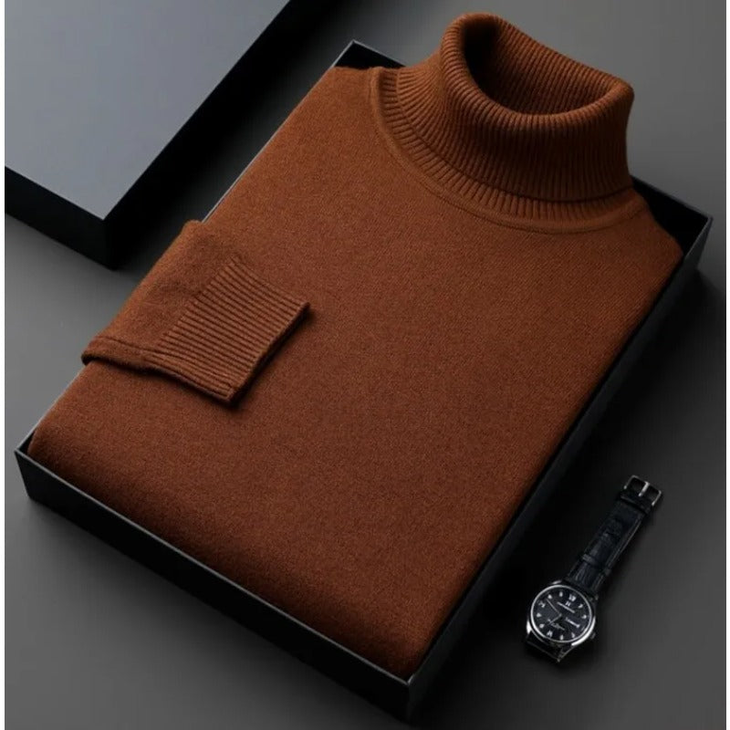Suéter de cuello alto de punto de alta calidad para hombre, antibolitas, ajustado, de manga larga, color liso, tendencia