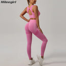 Mileegirl 2 peças conjuntos esportivos femininos, calças de ioga push up, sutiã fitness para academia com costas vazadas, leggings de treino para corrida, conjuntos sem costura