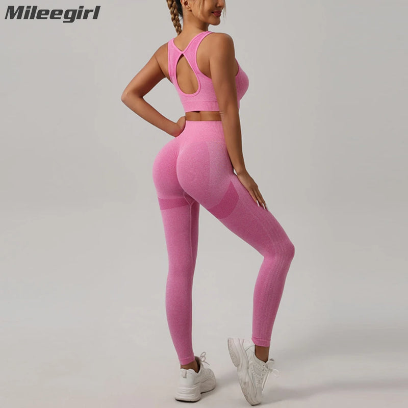 Mileegirl 2 peças conjuntos esportivos femininos, calças de ioga push up, sutiã fitness para academia com costas vazadas, leggings de treino para corrida, conjuntos sem costura