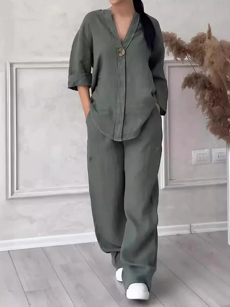 Cotton Linen Sets Two 2 Pieces Sale Casual Long Sleeve Button Loose Blouse Shirt & High Elastic Wide Leg Loose Pant Suits NMD-3021