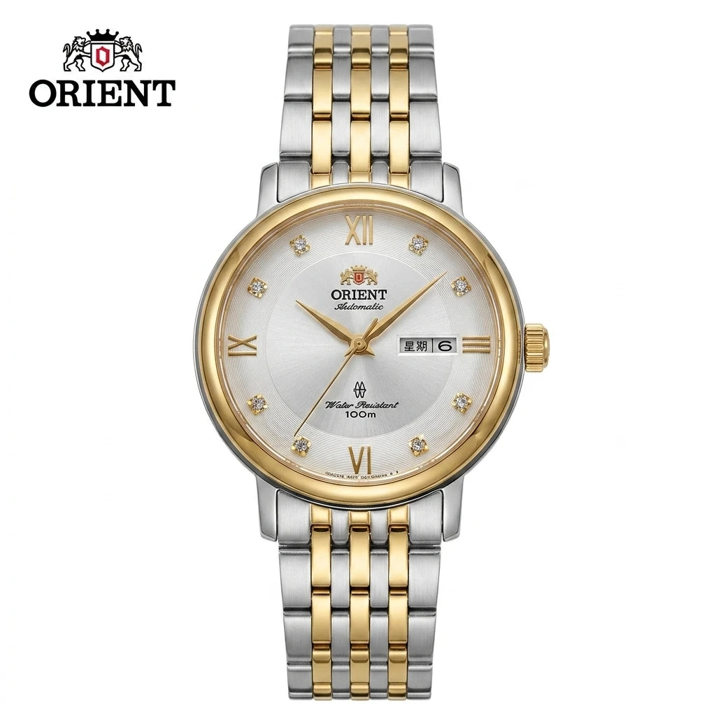 Relógio feminino automático bicolor calendário duplo em aço inoxidável