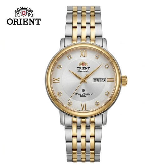 Relógio feminino automático bicolor calendário duplo em aço inoxidável