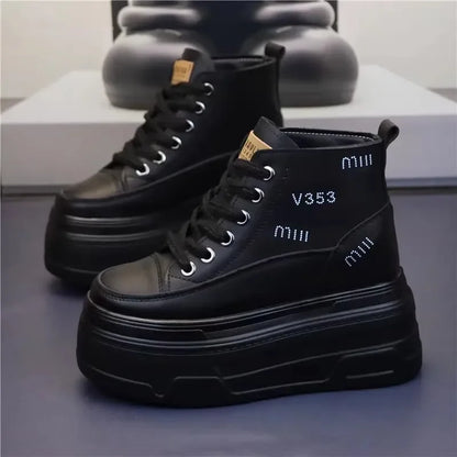 High Top Fashion Sneakers White Chunky Platform Wedge Shoes 12cm 14cm Height Increased Woman Sports Casual Shoe Tennis Female