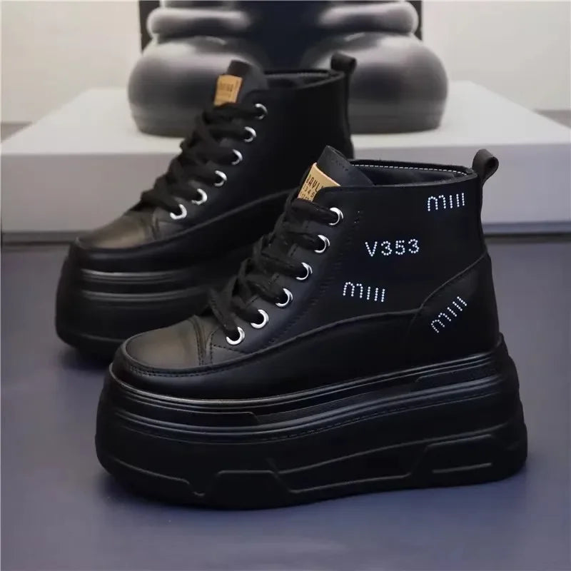 High Top Fashion Sneakers White Chunky Platform Wedge Shoes 12cm 14cm Height Increased Woman Sports Casual Shoe Tennis Female