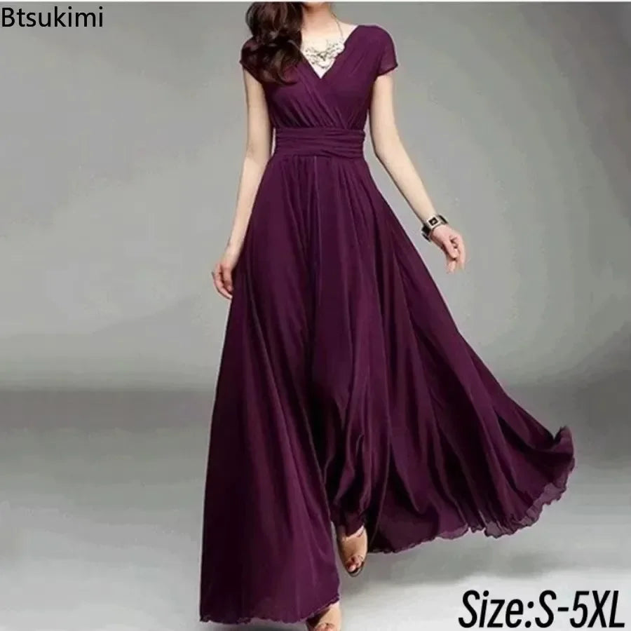 2026 Women's V Neck Short Sleeve Evening Party Dress Temperament Solid Colour Long Cocktail Chiffon High Waist Summer Dresses