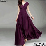 2026 Women's V Neck Short Sleeve Evening Party Dress Temperament Solid Colour Long Cocktail Chiffon High Waist Summer Dresses