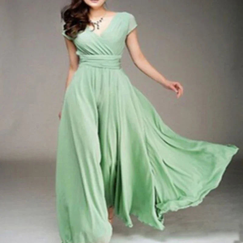 2026 Women's V Neck Short Sleeve Evening Party Dress Temperament Solid Colour Long Cocktail Chiffon High Waist Summer Dresses