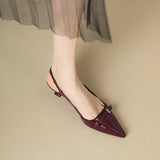 2024 New Summer French Wine Red Pointed Patent Leather Mid-Heel Overhead Sandals for Women Retro Skinny Heel Open-Back Shoes