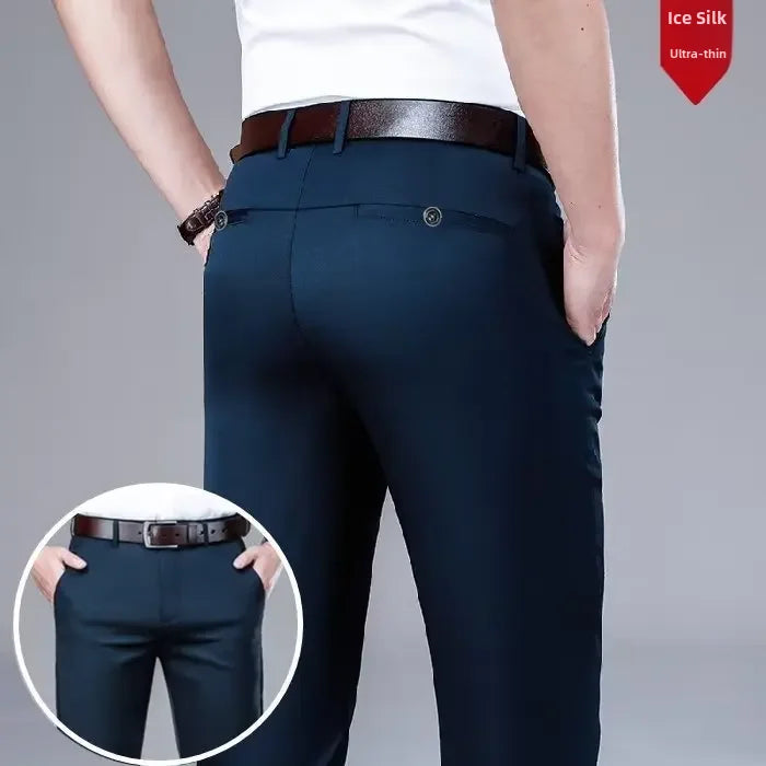 Pantalones casuales de seda helada para hombre, de negocios, formales, de verano, finos, rectos y holgados, para hombres de mediana edad.