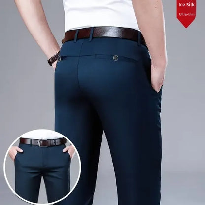 Pantalones casuales de seda helada para hombre, de negocios, formales, de verano, finos, rectos y holgados, para hombres de mediana edad.