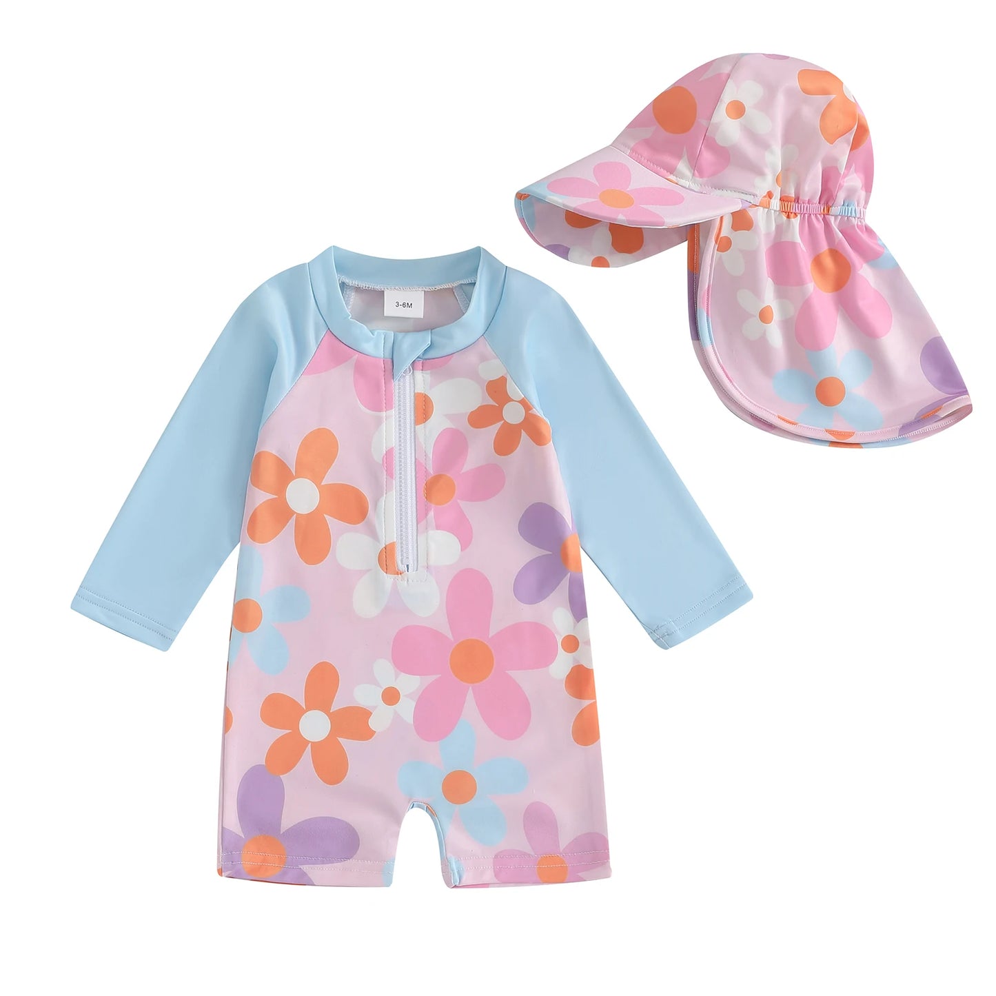 Trajes de baño de verano para niñas y niños pequeños, de manga larga, con estampado floral/tropical, con cremallera y sombrero.