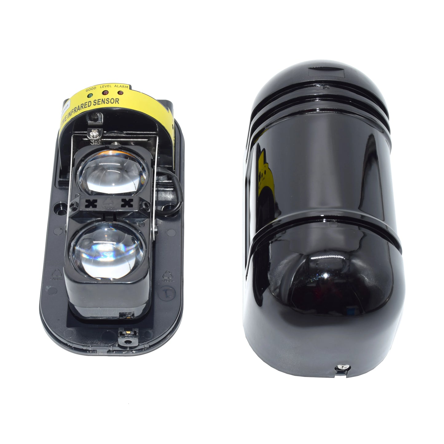 Detector de infrarrojos antilluvia de dos haces con alarma y sensor, distancia de detección de 150 m para seguridad en exteriores.