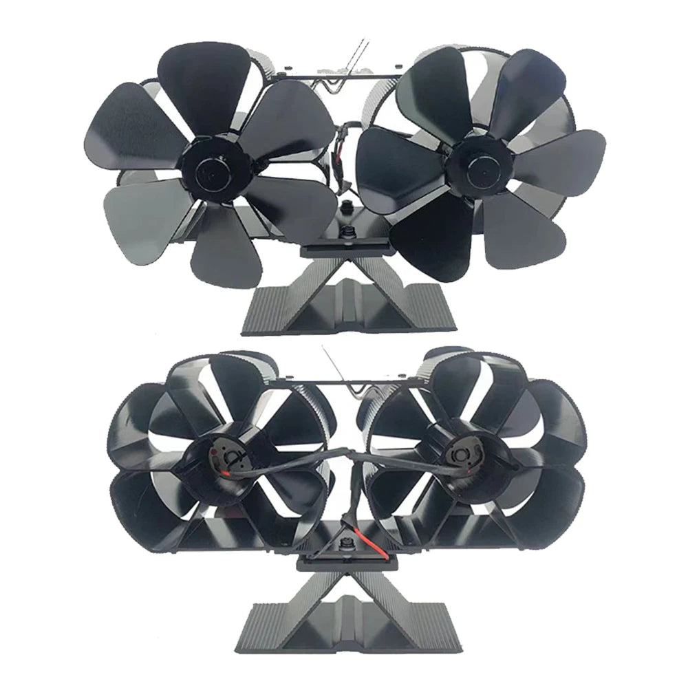 Ventilador de estufa de leña con motor silencioso doble alimentado por calor, 6 aspas, ventilador de chimenea no eléctrico activado por calor con soporte y calentador magnético
