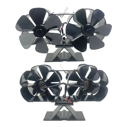 Ventilador de estufa de leña con motor silencioso doble alimentado por calor, 6 aspas, ventilador de chimenea no eléctrico activado por calor con soporte y calentador magnético