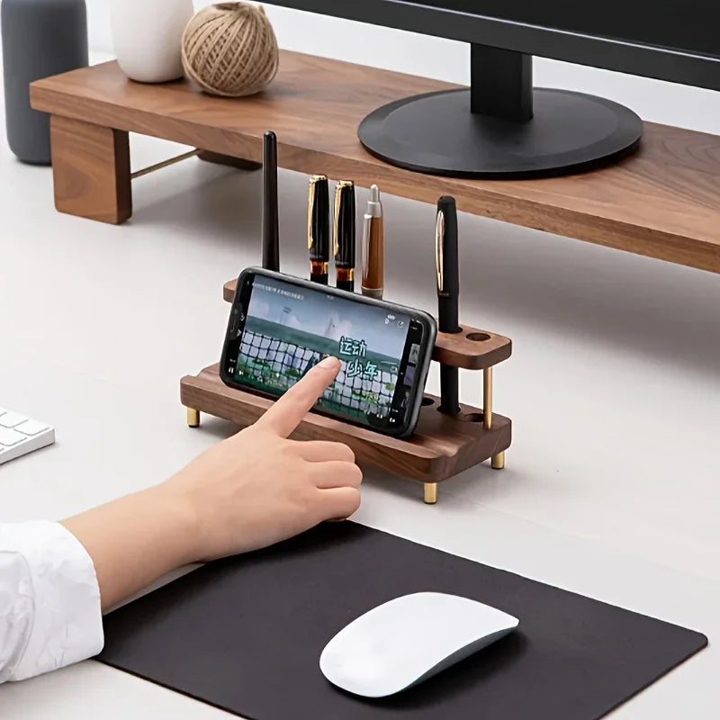 1PC Walnut Wood Multifunction Desk Organizer - Pen Holder, Phone Stand & Storage Solution for Office and School