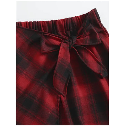 Plus Size Elastic Waist Summer Spring Casual Bandage Plaid Skirt Women Bow Front Vintage Checked Mini Skirt Plus Size Bottoms