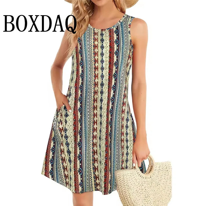 Fashion Elegant Tie Dye Striped 3D Print Dress For Summer 2025 Women's Plus Size Clothing Sundress Loose Sleeveless Vest Dresses