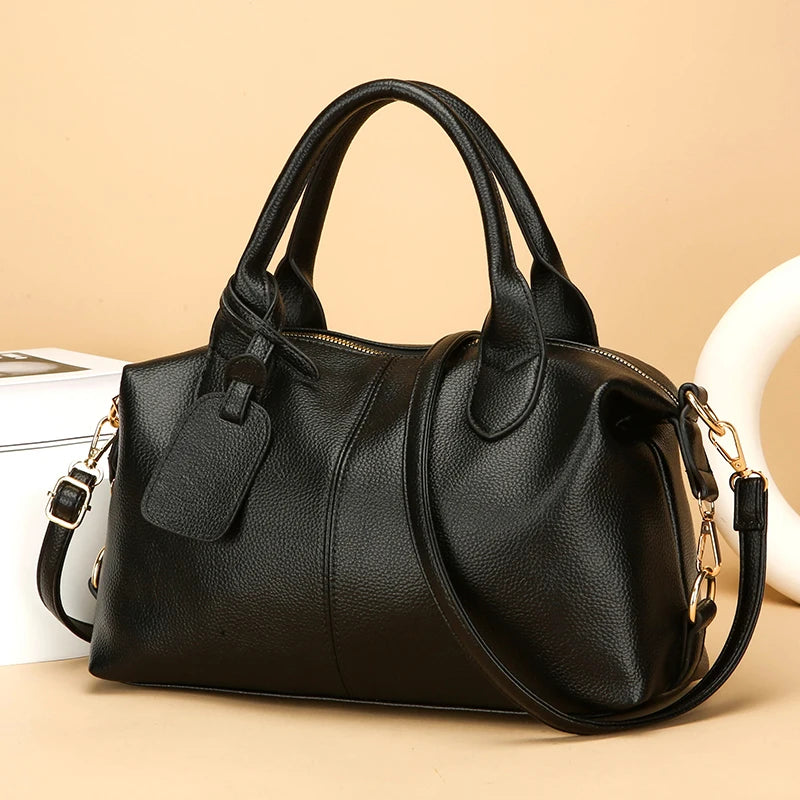 Genuine Brand Soft Leather Shoulder Bag For Women Casual Tote Bag Female Solid Color Purse Simple Design Handbag Commuting Sac
